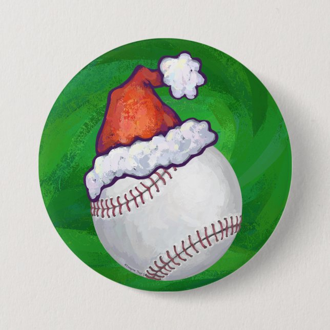 Baseball in Santa Hat on Green 7.5 Cm Round Badge (Front)