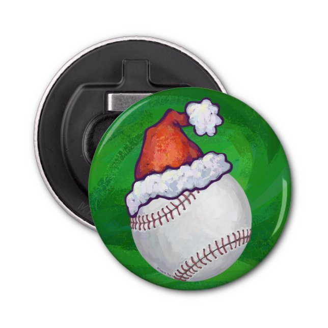 Baseball in Santa Hat on Green Bottle Opener (Front)