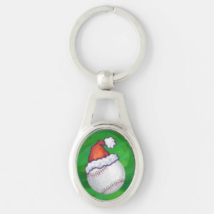 Baseball in Santa Hat on Green Key Ring