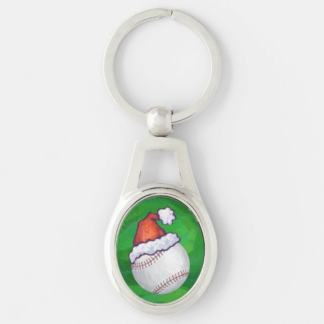 Baseball in Santa Hat on Green Key Ring (Front)