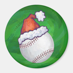 Baseball in Santa Hat on Green Magnet