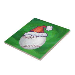 Baseball in Santa Hat on Green Tile