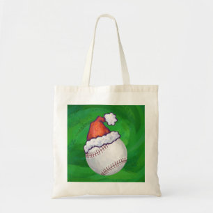 Baseball in Santa Hat on Green Tote Bag
