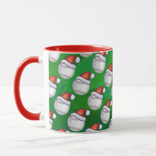Baseball in Santa Hat Pattern on Green Mug