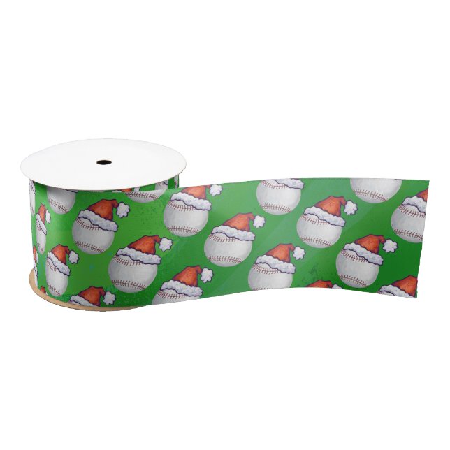 Baseball in Santa Hat Pattern on Green Satin Ribbon (Spool)