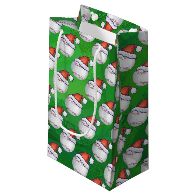 Baseball in Santa Hat Pattern on Green Small Gift Bag (Front Angled)