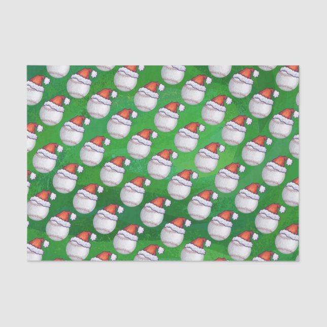 Baseball in Santa Hat Pattern on Green Tissue Paper (Front)