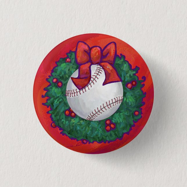 Baseball in Wreath on Red 3 Cm Round Badge (Front)