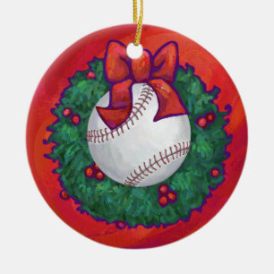 Baseball in Wreath on Red Ceramic Tree Decoration