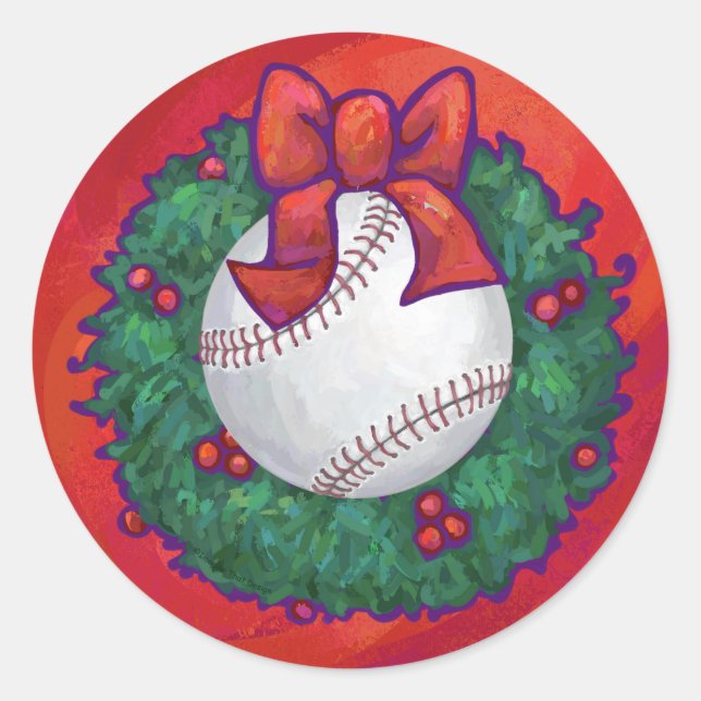 Baseball in Wreath on Red Classic Round Sticker (Front)