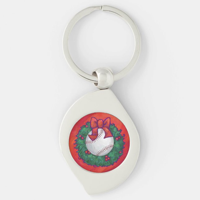 Baseball in Wreath on Red Key Ring (Front)