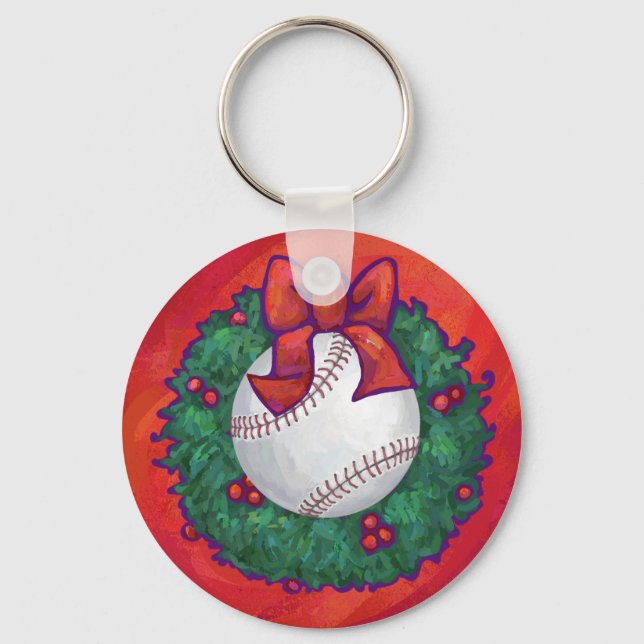 Baseball in Wreath on Red Key Ring (Front)