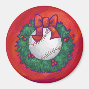 Baseball in Wreath on Red Magnet