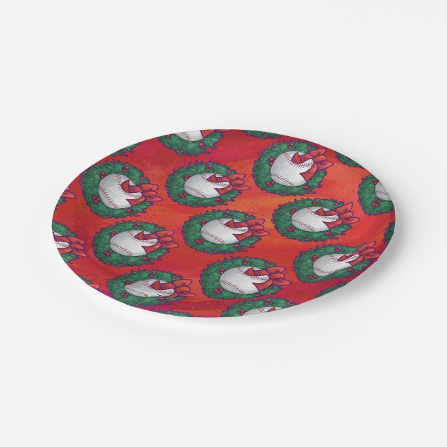 Baseball in Wreath on Red Paper Plate (Angled)