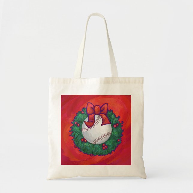 Baseball in Wreath on Red Tote Bag (Front)