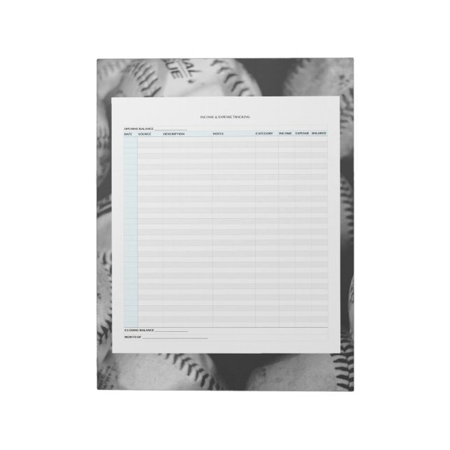Baseball Income & Expense Tracking Notepad (Rotated)