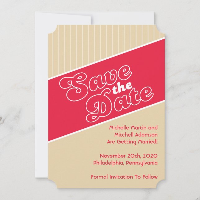 Baseball Inspired Save The Date (Red / Beige) Invitation (Front)