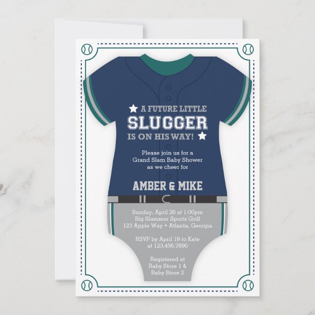 Baseball Jersey Baby Shower, Blue, Green Invitation (Front)
