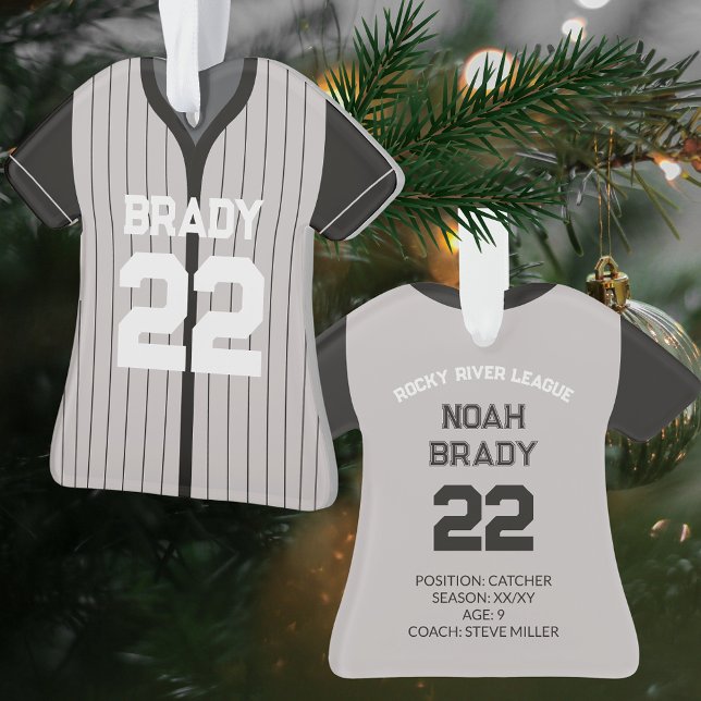 Baseball Jersey Player Stats Black Grey Keepsake  Ornament (Personalized Baseball Player Stats Keepsake Christmas Tree Ornament Team Gift)