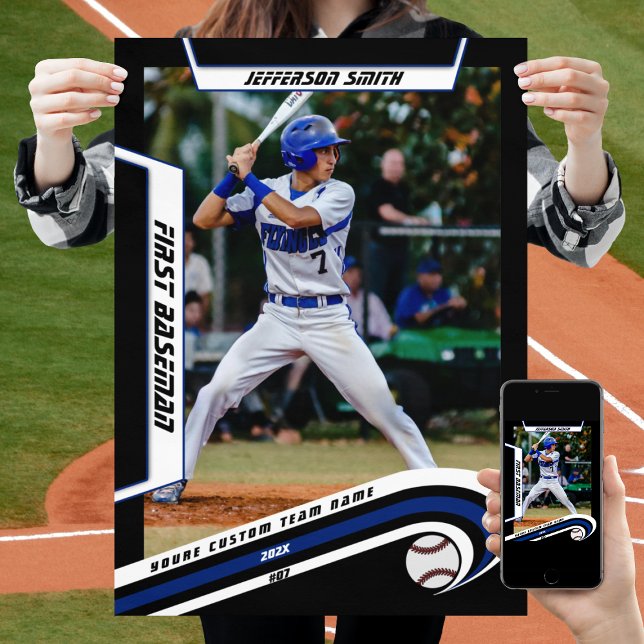 Baseball Keepsakes in Lively Blue Black Custom  Poster (Baseball Player Poster in Black and Blue with Custom Team Name and dynamic White Elements)