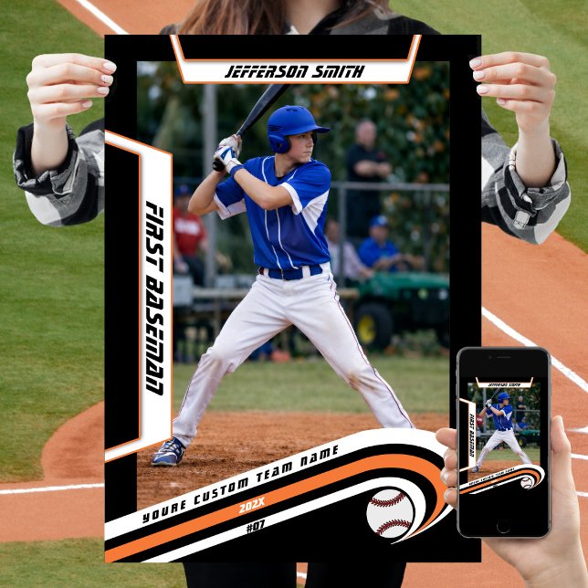 Baseball Keepsakes in Lively Orange Black Custom  Poster (Baseball Player Poster in Black and Orange with Custom Team Name and dynamic White Elements)