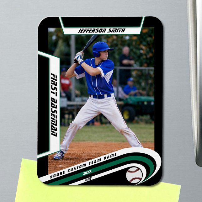 Baseball Keepsakes Lively Green Black Custom Magnet (Baseball Player Magnet in Black with Custom Team Name and White Green Elements)