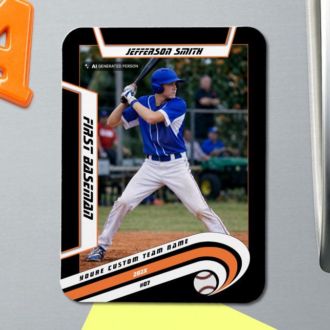 Baseball Keepsakes Lively Orange Black Custom Magnet (Baseball Player Magnet in Black with Custom Team Name and White Orange Elements)