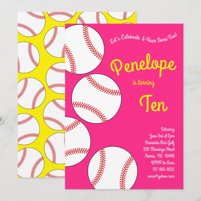 Baseball Kids Birthday Party Sports Pink Girls Invitation (Front/Back)