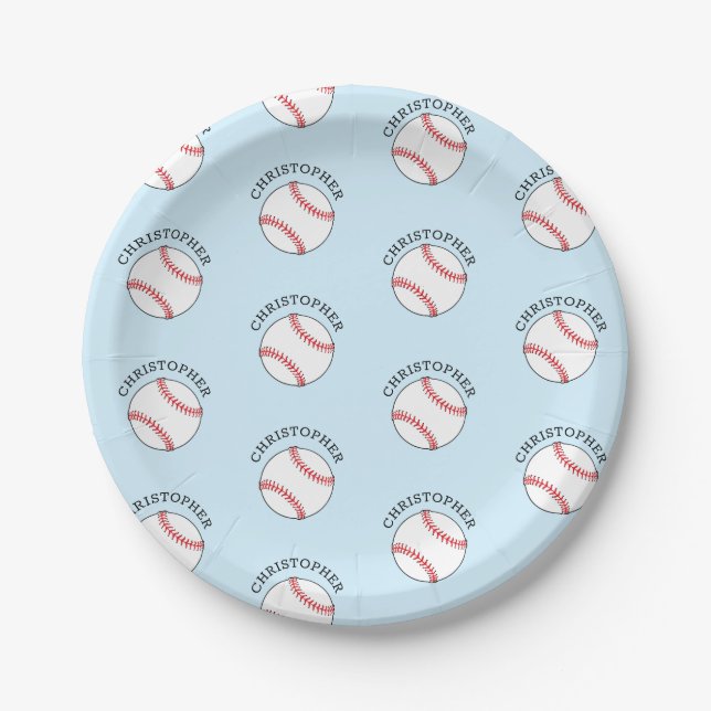 Baseball Kids Party Modern Name Pattern Paper Plate (Front)
