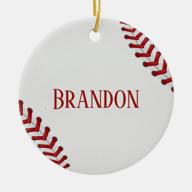 Baseball Laces Bases Ball Red White Game Name Ceramic Tree Decoration (Front)