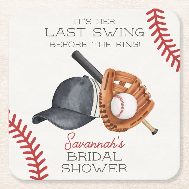 Baseball Last Swing Before The Ring Bridal Shower Square Paper Coaster (Front)