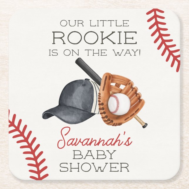 Baseball Little Rookie Home Run Baby Shower Square Paper Coaster (Front)