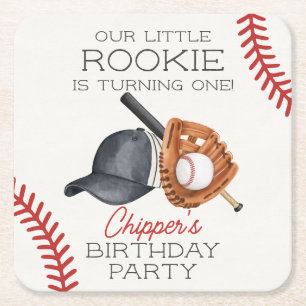 Baseball Little Rookie Home Run Birthday Square Paper Coaster