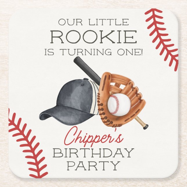 Baseball Little Rookie Home Run Birthday Square Paper Coaster (Front)