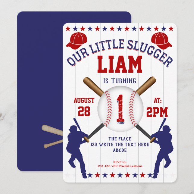 Baseball, Little Slugger, Boy 1st Birthday Invitation (Front/Back)