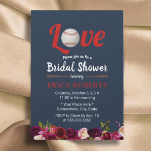 Baseball Love Burgundy Floral Navy Bridal Shower Invitation