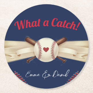 Baseball Love Dark Navy Sports Wedding Round Paper Coaster