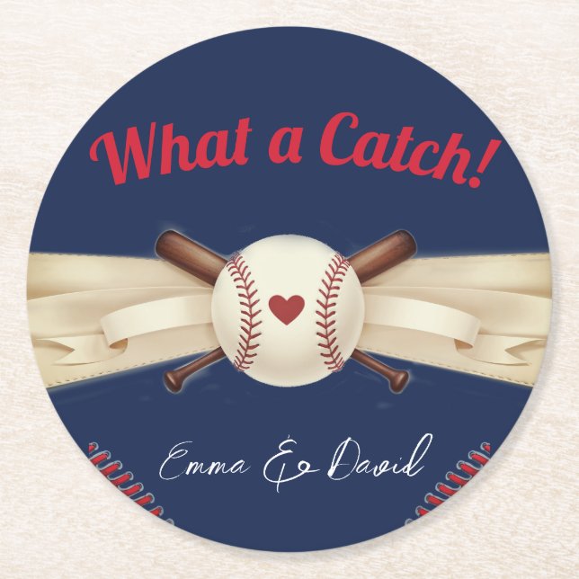 Baseball Love Dark Navy Sports Wedding Round Paper Coaster (Front)