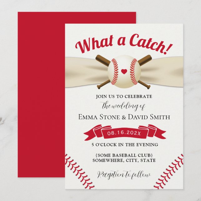 Baseball Love Elegant Sports Wedding Red Invitation (Front/Back)