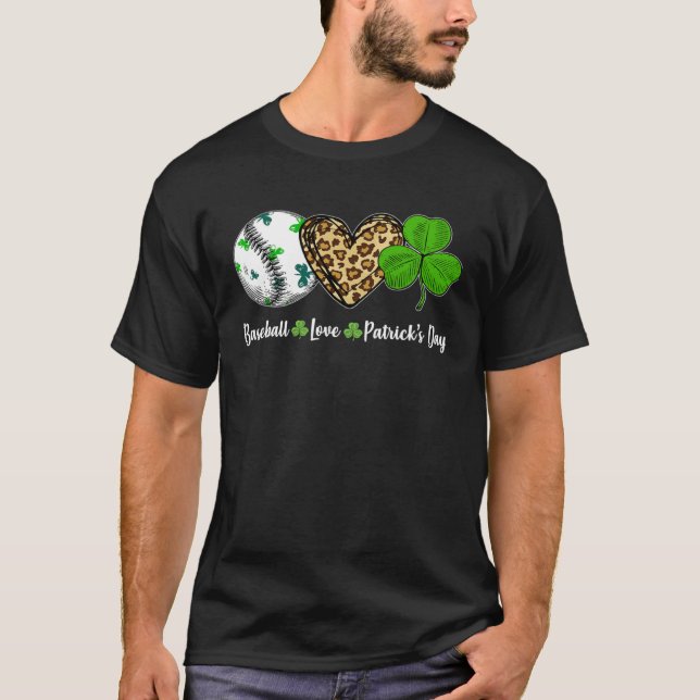 Baseball Love Leopard Heart Shamrock St Patricks D T-Shirt (Front)