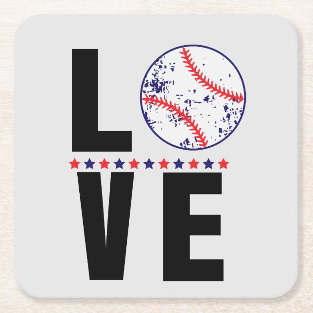 Baseball Love Typography Square Paper Coaster (Front)
