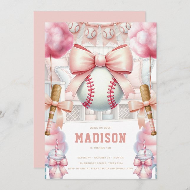 Baseball Luxury Birthday Girly Sports Theme Invitation (Front/Back)