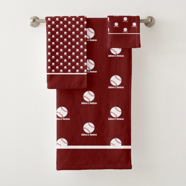 Baseball Maroon Rust Red Maroon Name Sport Room Bath Towel Set (Insitu)