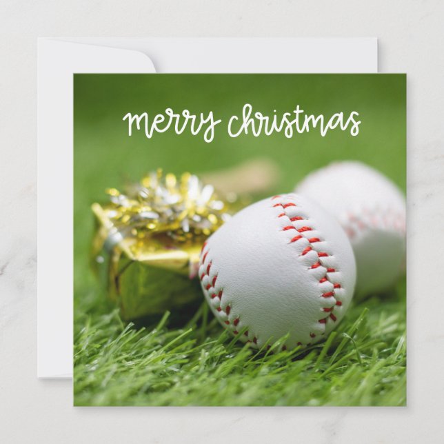Baseball Merry Christmas with ball on Green grass  Holiday Card (Front)