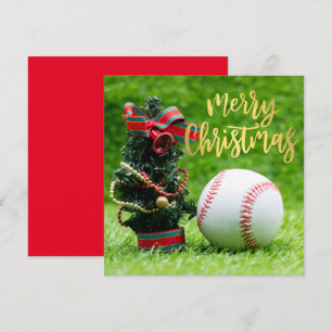 Baseball Merry Christmas with ball on green  Holid Holiday Card