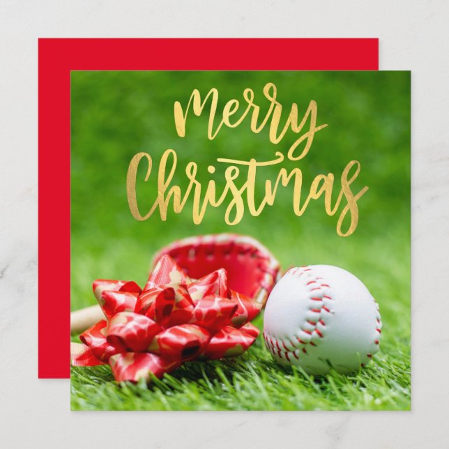 Baseball Merry Christmas with ball on green  Holiday Card (Front/Back)