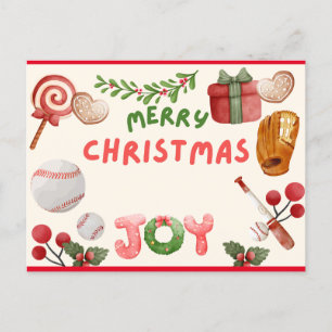 Baseball Merry Christmas with Ball watercolor Postcard