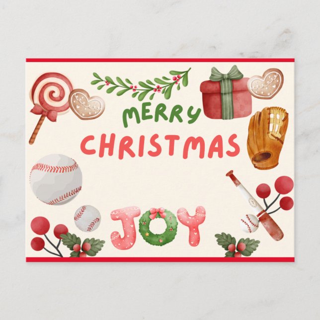 Baseball Merry Christmas with Ball watercolor  Postcard (Front)
