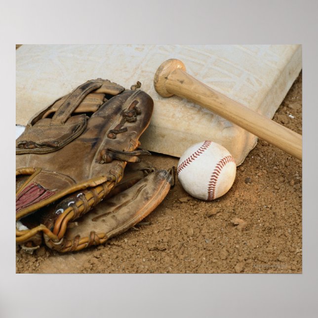 Baseball, Mitt, and Bat on Base Poster (Front)