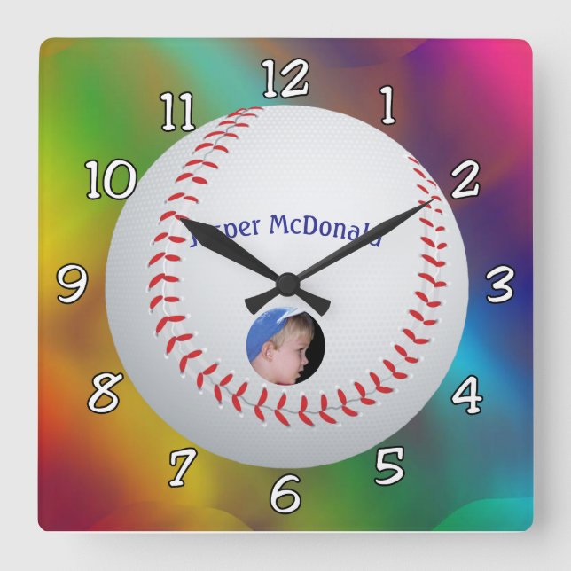 Baseball Multi-colour Background Photo Personalise Square Wall Clock (Front)